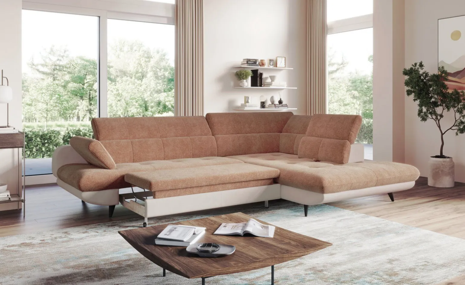 Alice divano angolare cipria con scocche beige