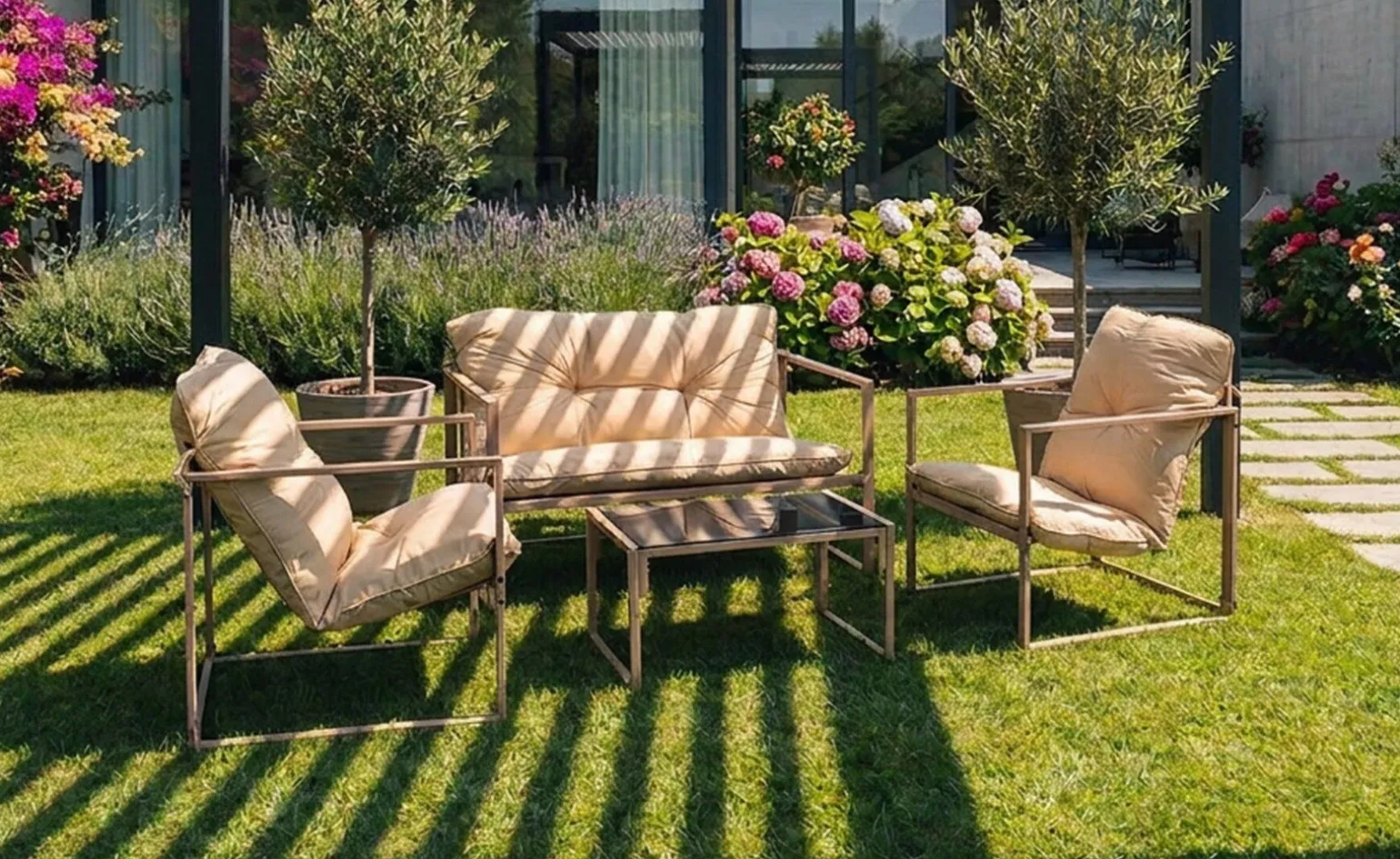 Aris Set lounge divano, 2 poltrone e tavolino, beige