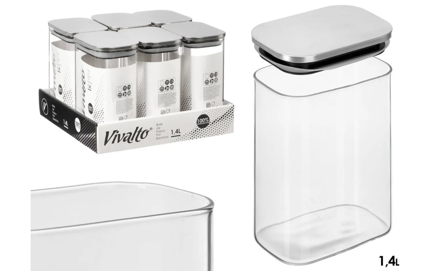 Barattolo cucina in vetro brosilicato con tappo acciaio, 1,4 L