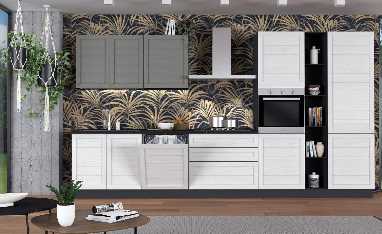 Beverly cucina 390 cm colore bianco e grigio fumo