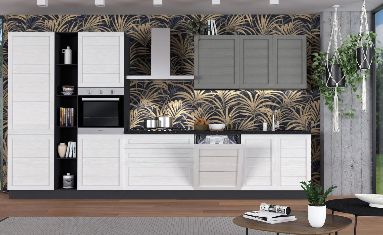 Beverly cucina 390 cm colore bianco e grigio fumo