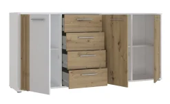 Biella madia 3 ante, 4 cassetti in nobilitato bianco opaco e rovere artisan