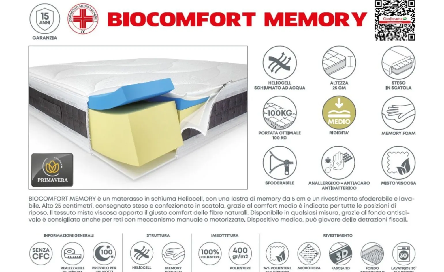 Biocomfort materasso singolo 80x190cm