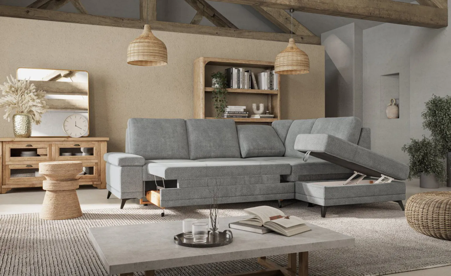 Brera divano letto angolare con contenitore in tessuto grigio