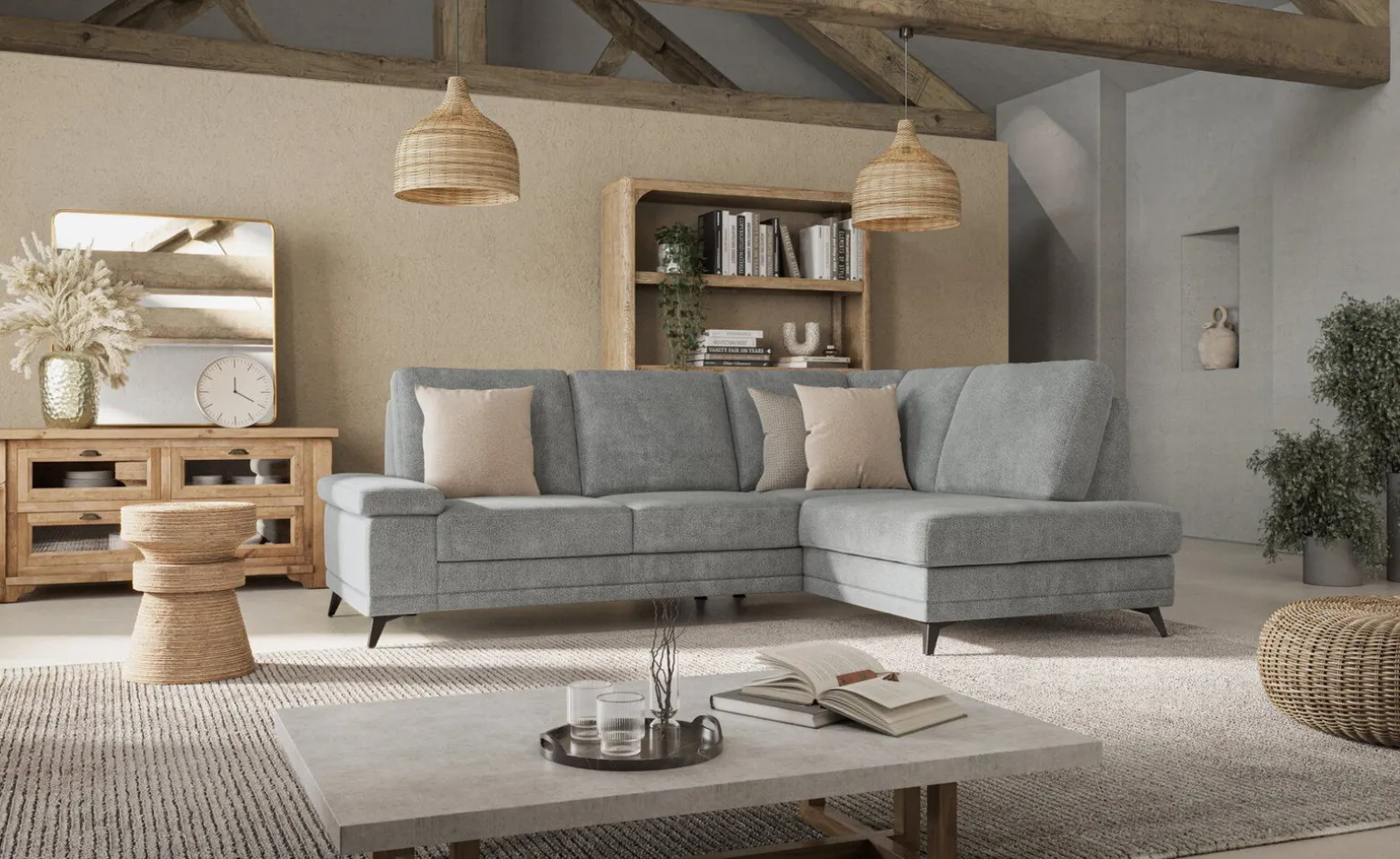 Brera divano letto angolare con contenitore in tessuto grigio