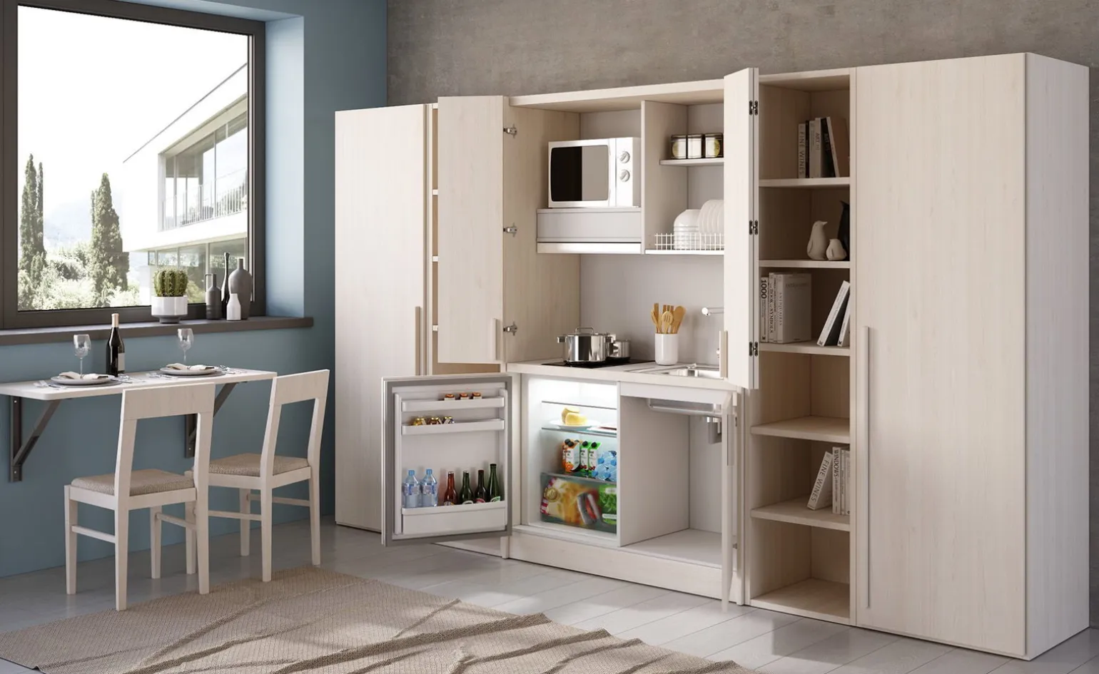 Cabrio cucina a scomparsa betulla con frigo, 2 librerie e 2 armadi