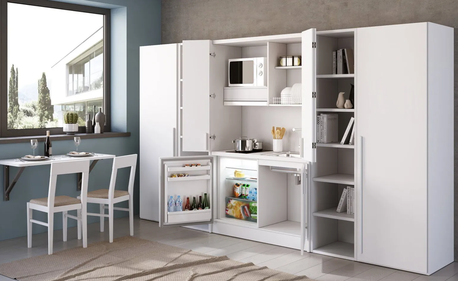 Cabrio cucina a scomparsa bianca con frigo