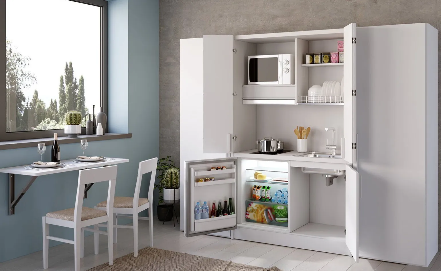 Cabrio cucina a scomparsa bianca con frigo