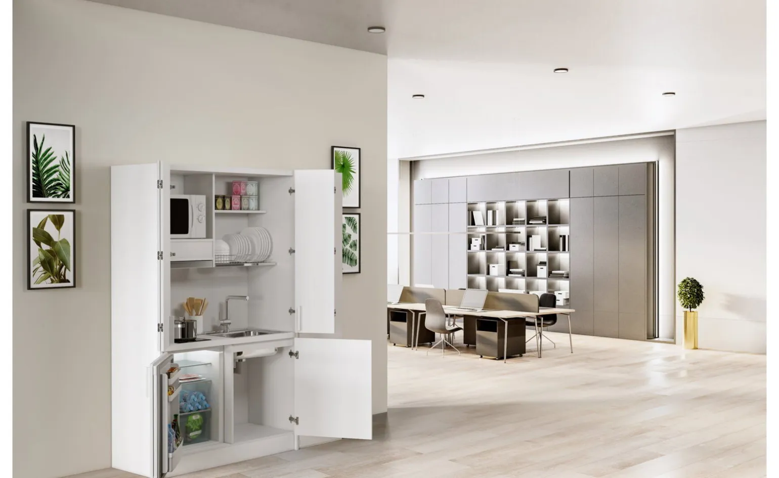Cabrio cucina a scomparsa bianca con frigo
