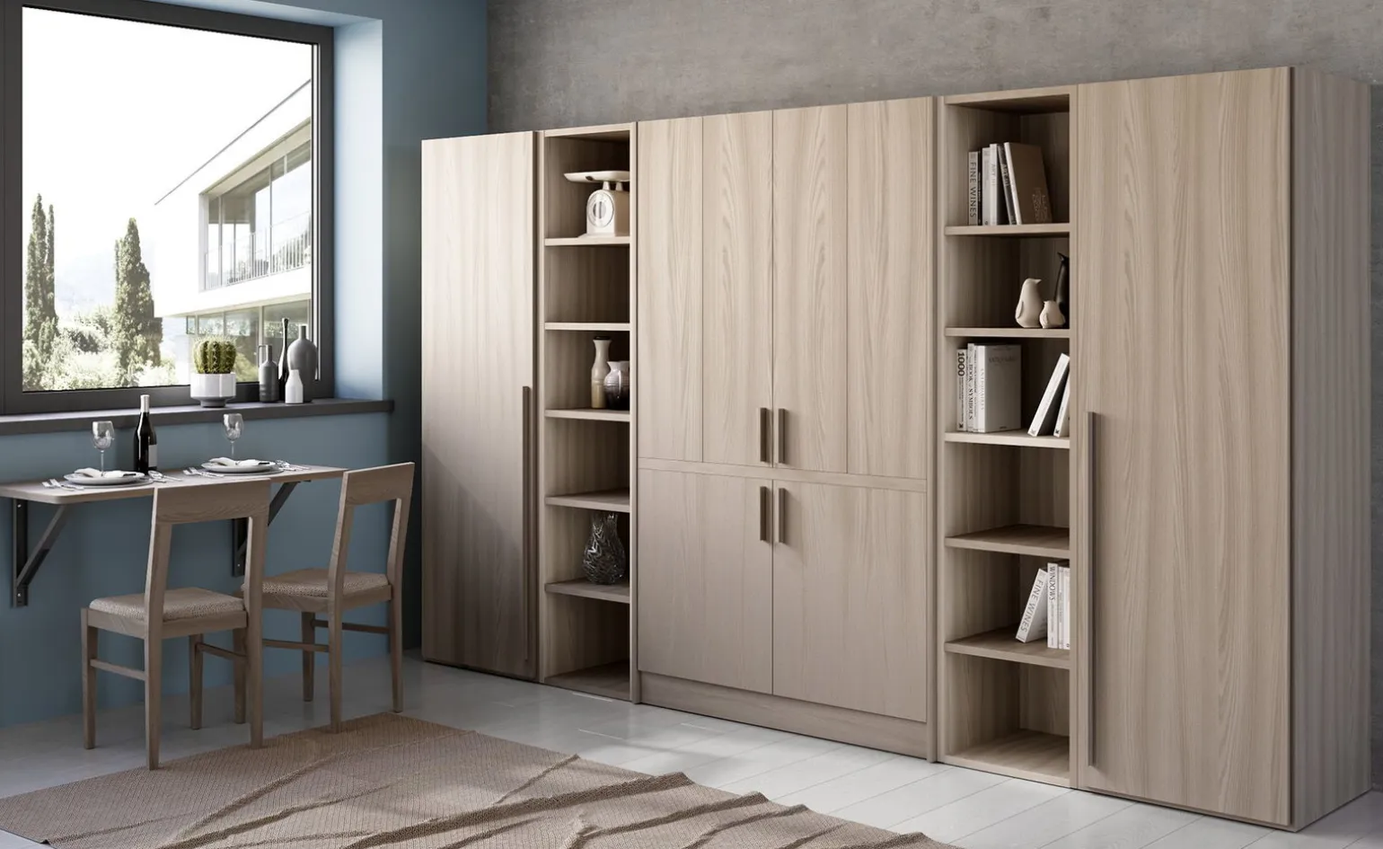 Cabrio cucina a scomparsa olmo con frigo con libreria e 2 armadi