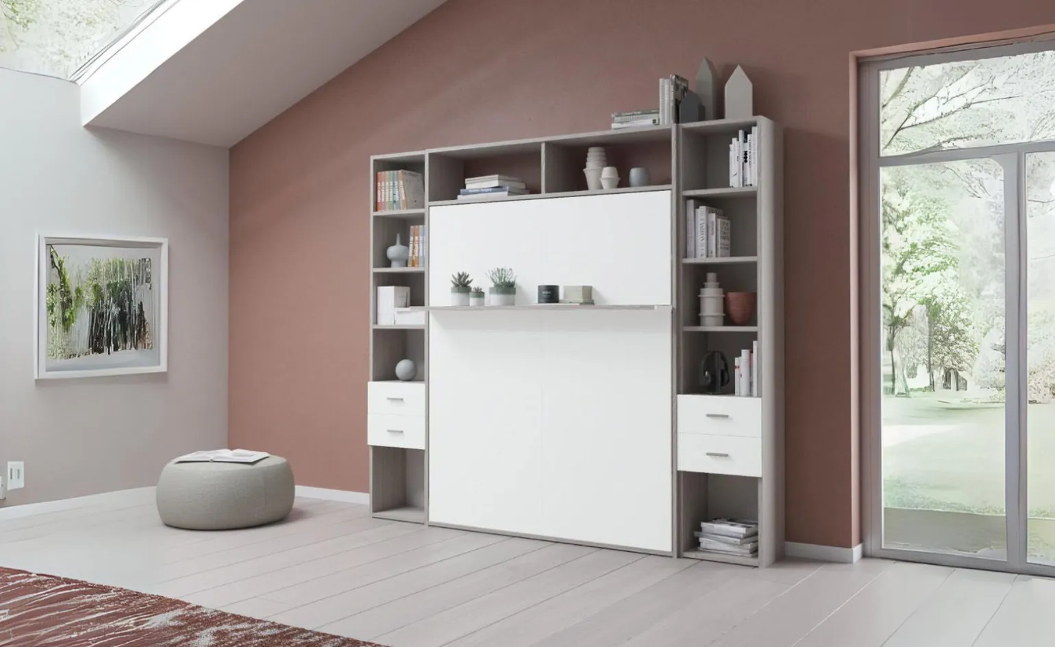 Cabrio letto a scomparsa colore tiglio e bianco opaco con mensola