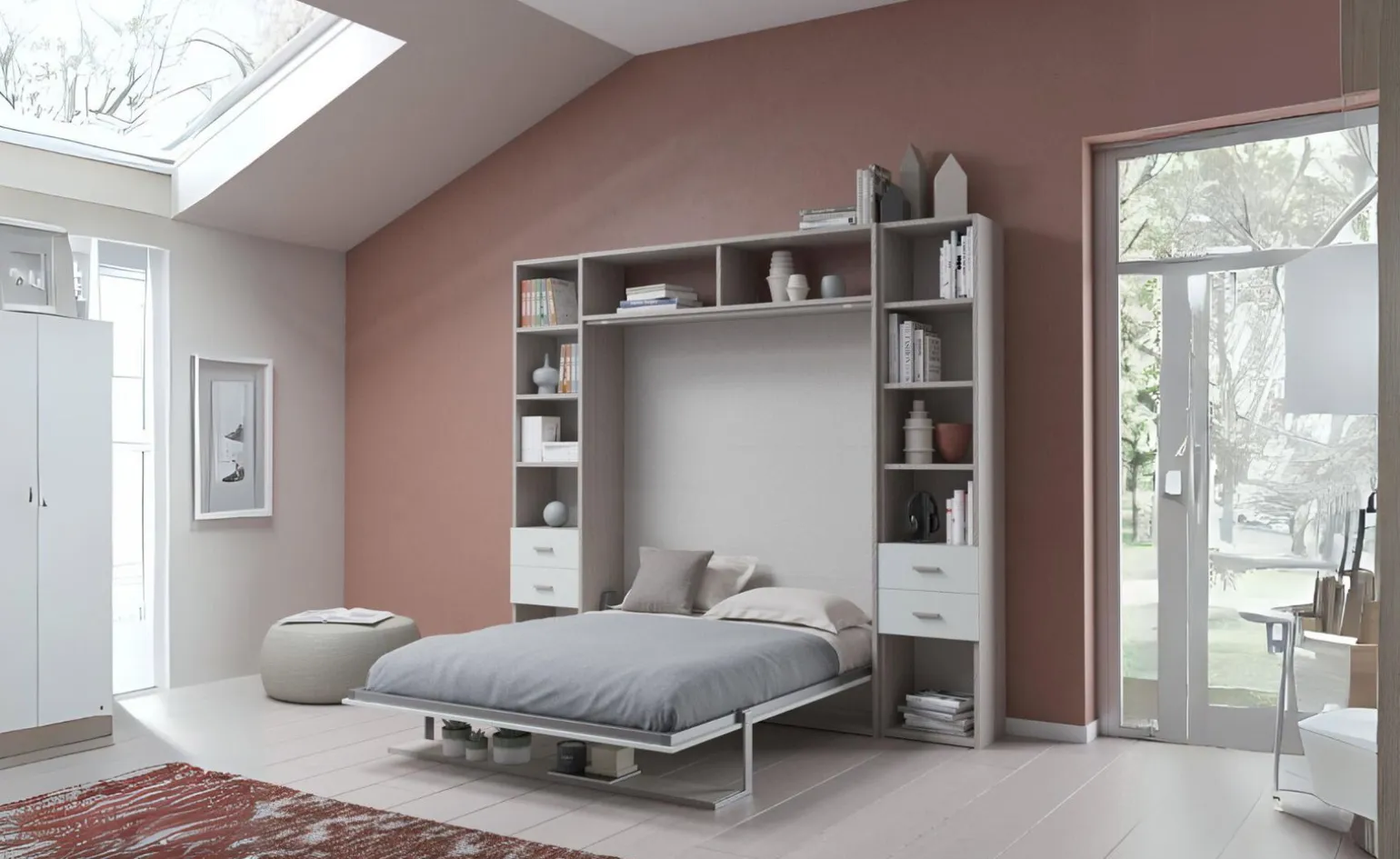 Cabrio letto a scomparsa colore tiglio e grigio light con mensola