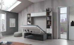 Cabrio letto a scomparsa con divano e mensola colore tiglio e bianco opaco