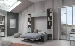 Cabrio letto a scomparsa con divano e mensola colore tiglio e grigio light