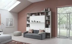 Cabrio letto a scomparsa con divano e mensola colore tiglio e bianco opaco