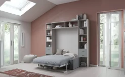 Cabrio letto a scomparsa con divano e mensola colore tiglio e alluminio laccato