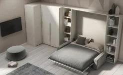 Cabrio letto matrimoniale a scomparsa con divano, betulla e grigio
