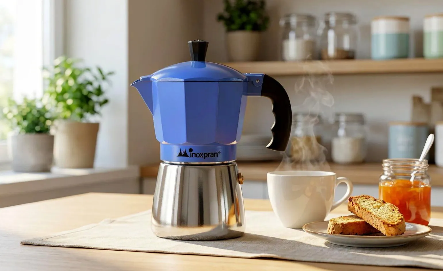 Caffettiera 3 tazze blu in alluminio per induzione
