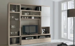 Carpi parete soggiorno colore olmo perla e bianco lucido L240 cm