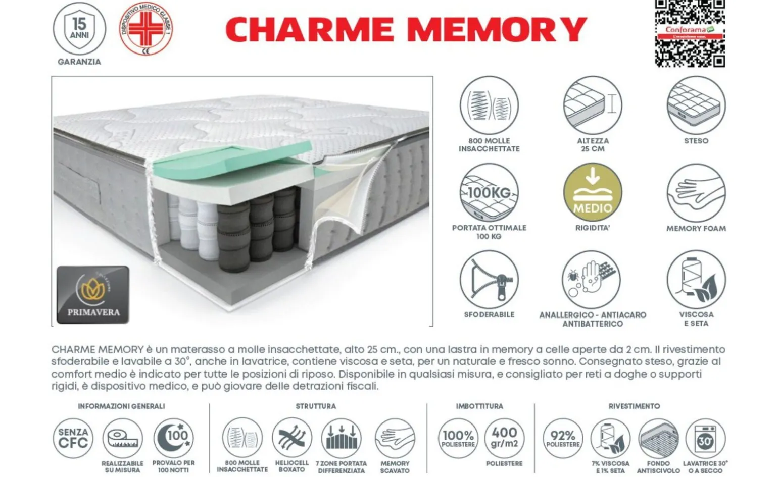Charme Memory materasso una piazza e mezza 120x190cm
