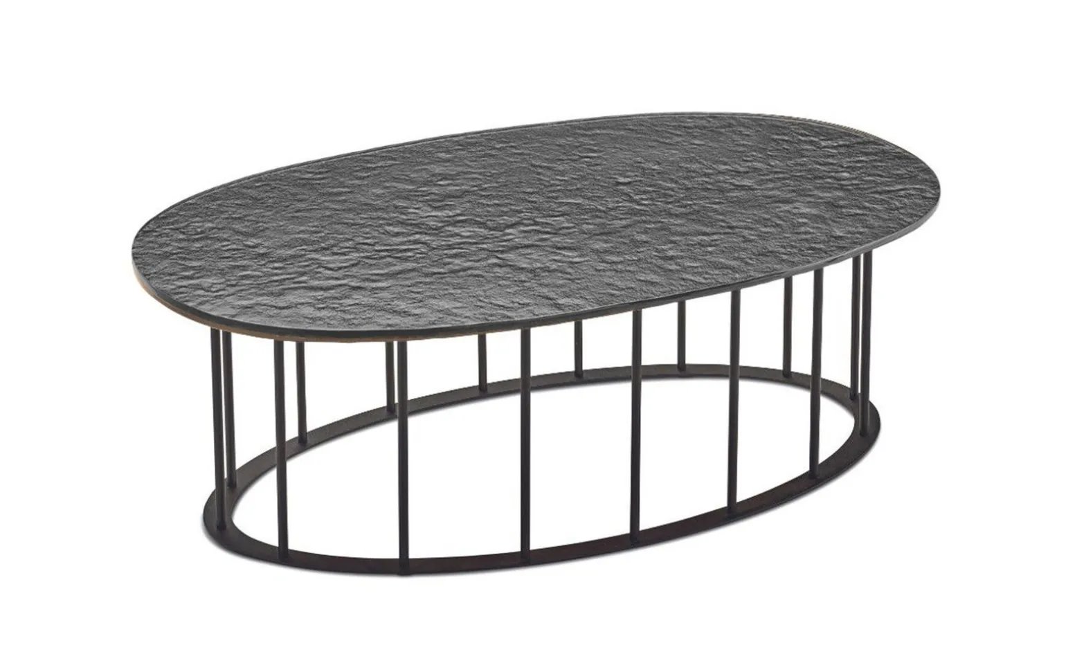 Chic tavolino elittico metallo nero e piano grigio martellato