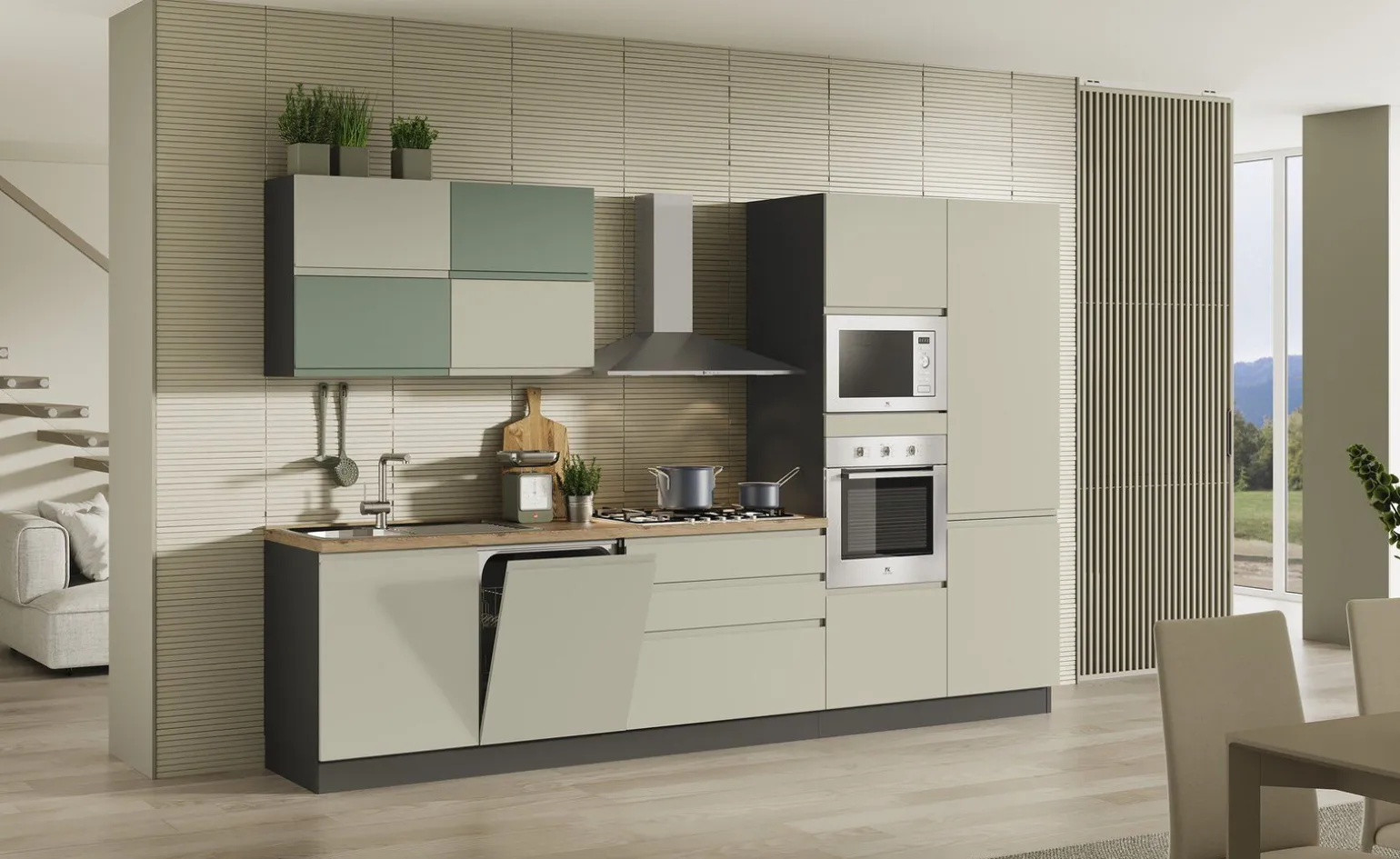Clea cucina 330 cm colore grigio sasso e verde salvia