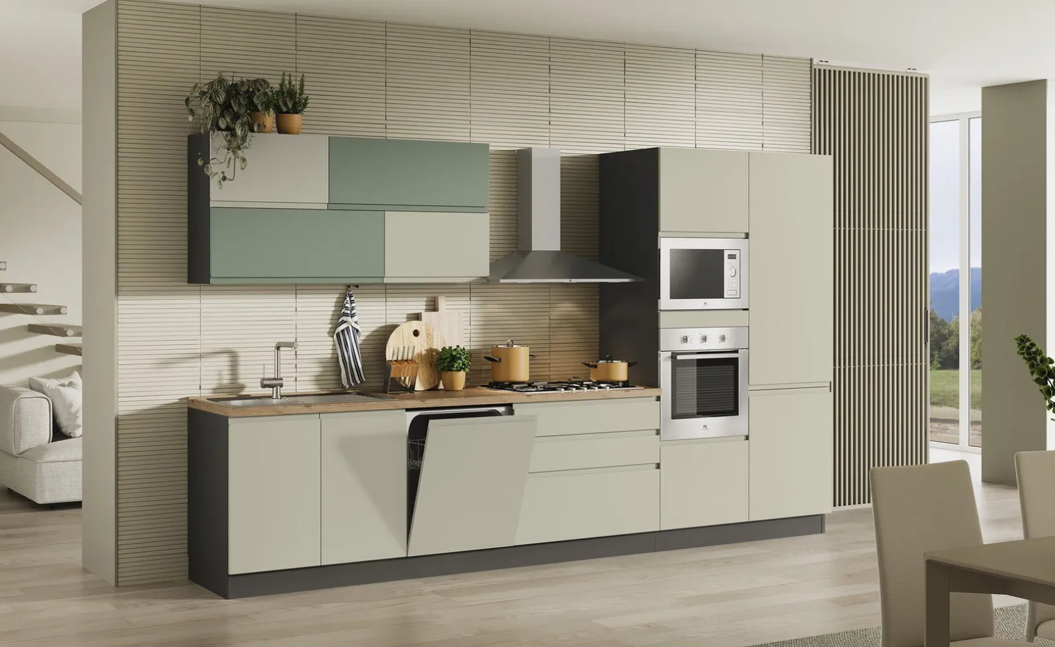 Clea cucina 360 cm colore grigio sasso e verde salvia