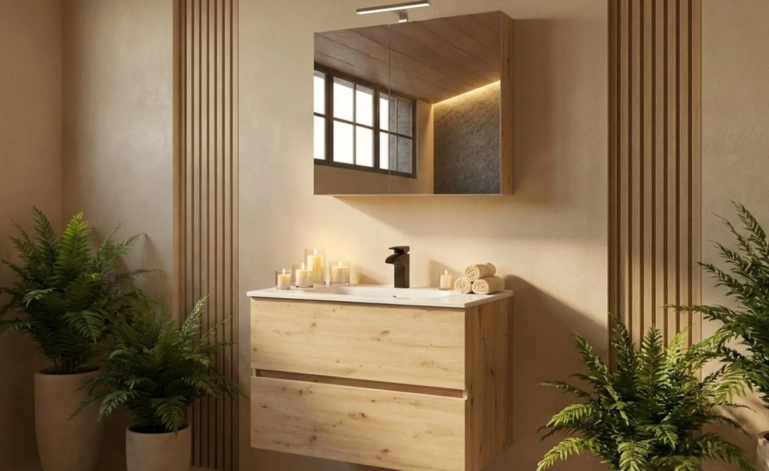 Cleo base sospesa 2 cassetti rovere, con lavabo in ceramica
