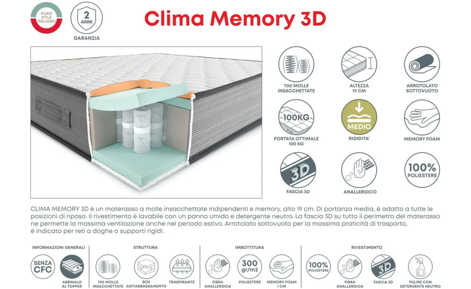 Clima Memory materasso una piazza e mezza 120x190cm