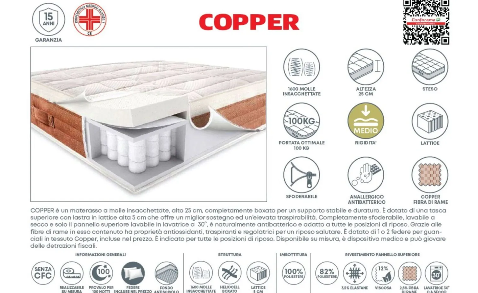 Copper materasso una piazza e mezza 120x200 cm