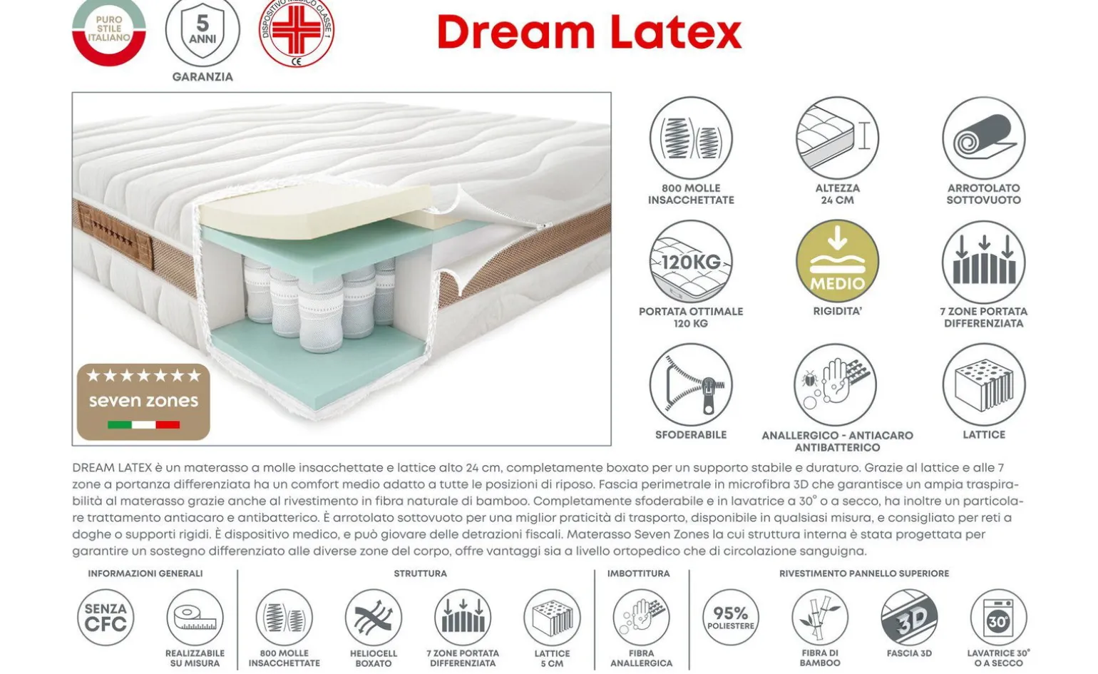 Dream latex materasso una piazza e mezza 120x190 cm