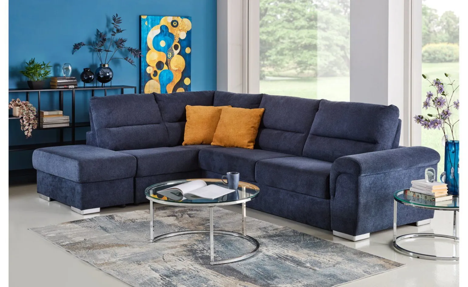 Faenza divano letto angolare in tessuto blu