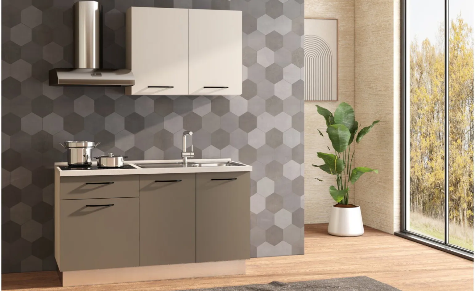 Fast Cucina completa L150 cm Cachemire/Basalt con piano cottura a induzione