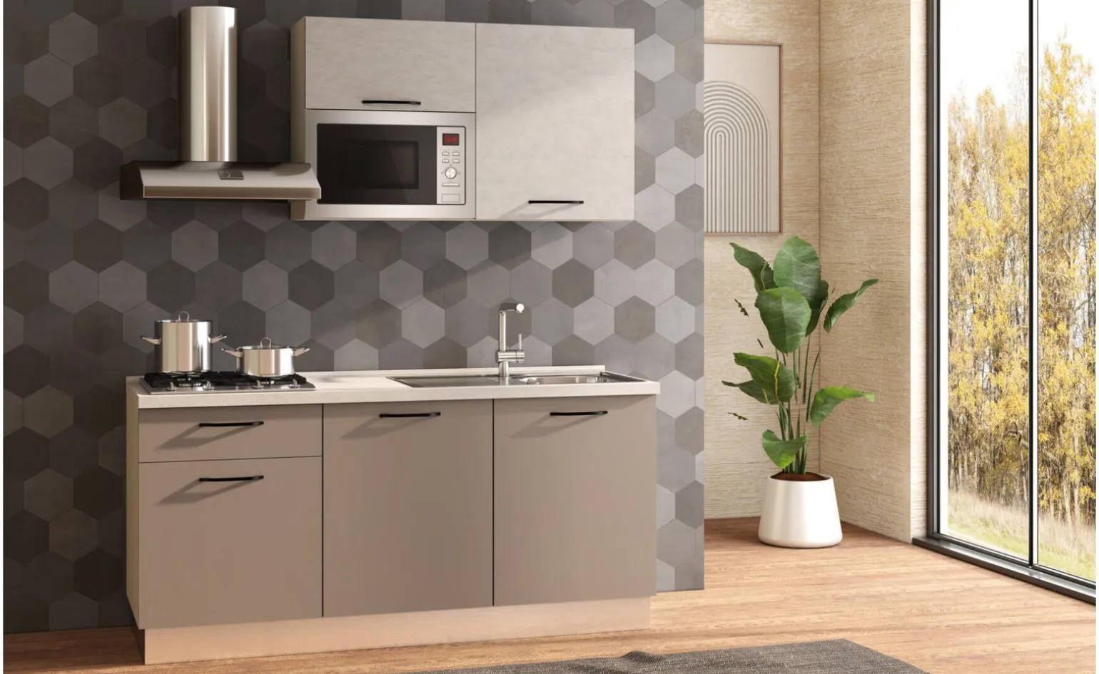 Fast Cucina completa L180 cm con piano cottura a gas e microonde, disponibile in vari colori