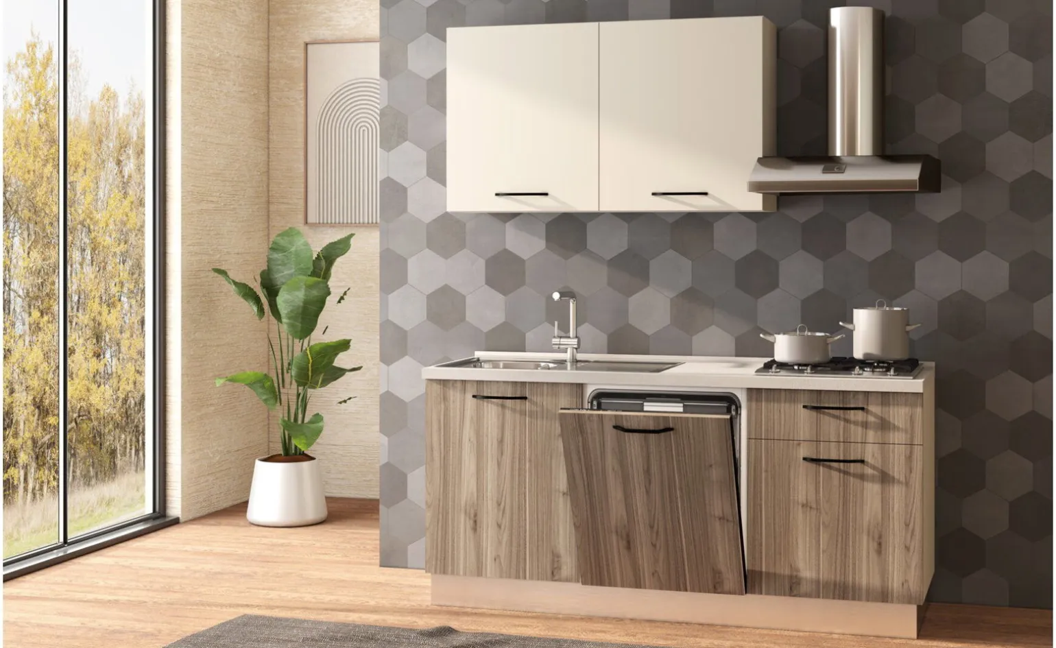 Fast Cucina completa L180 cm con piano cottura a gas e lavastoviglie, disponibile in vari colori