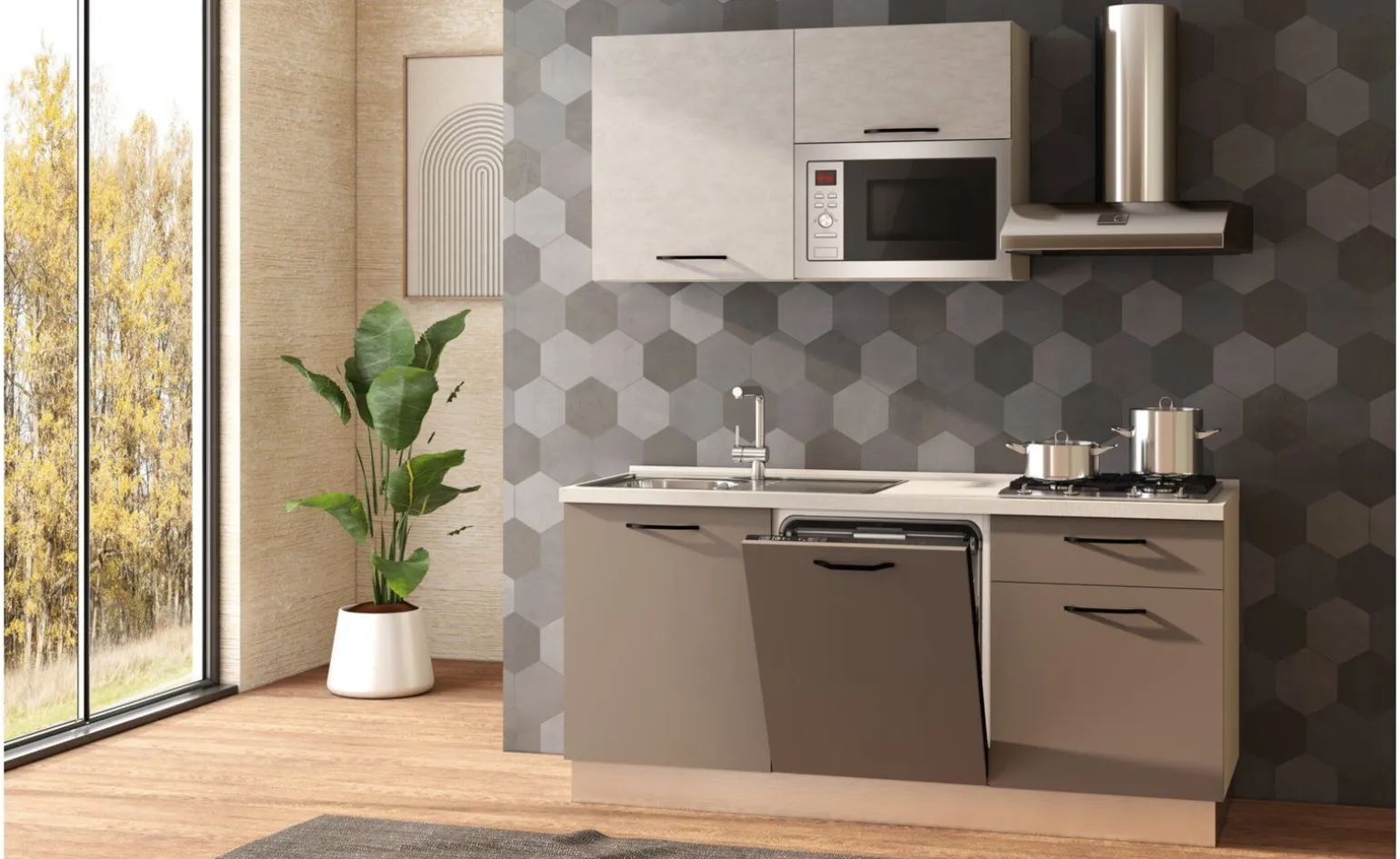 Fast Cucina completa L180 cm con piano cottura a gas, lavastoviglie e microonde, disponibile in vari colori