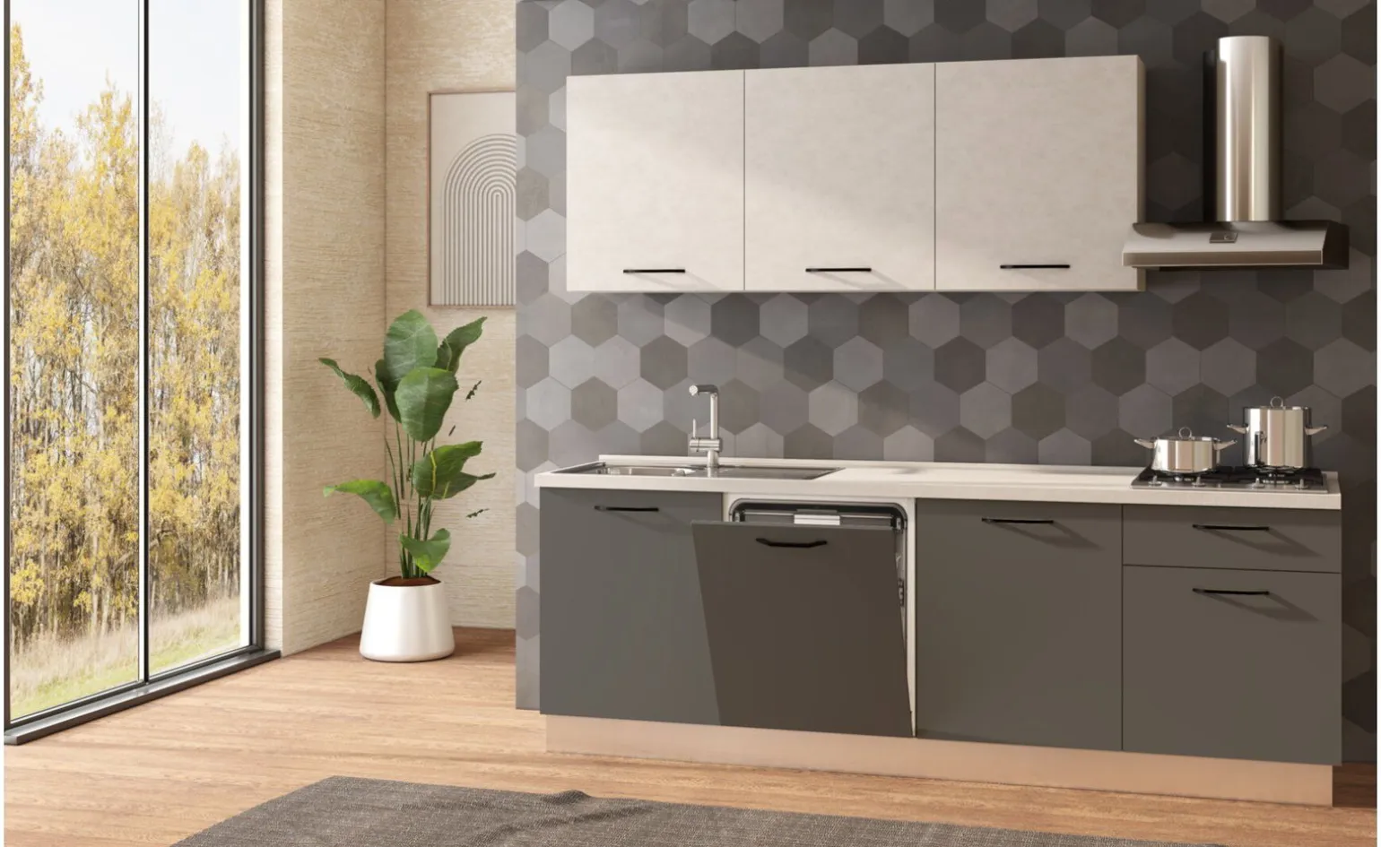 Fast Cucina completa L240 cm con piano cottura a gas e lavastoviglie, disponibile in vari colori
