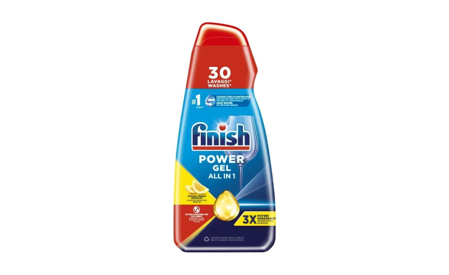 Finish Gel detersivo liquido per lavastoviglie Multiazione Lemon, 30 lavaggi