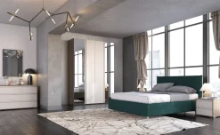 Gaia camera matrimoniale noce/sabbia, armadio 4 ante con specchi, letto contenitore petrolio