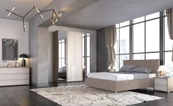 Gaia camera matrimoniale noce/sabbia, armadio 4 ante con specchi, letto contenitore beige