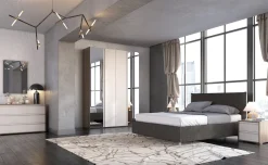 Gaia camera matrimoniale noce/sabbia, armadio 4 ante con specchi, letto contenitore grigio