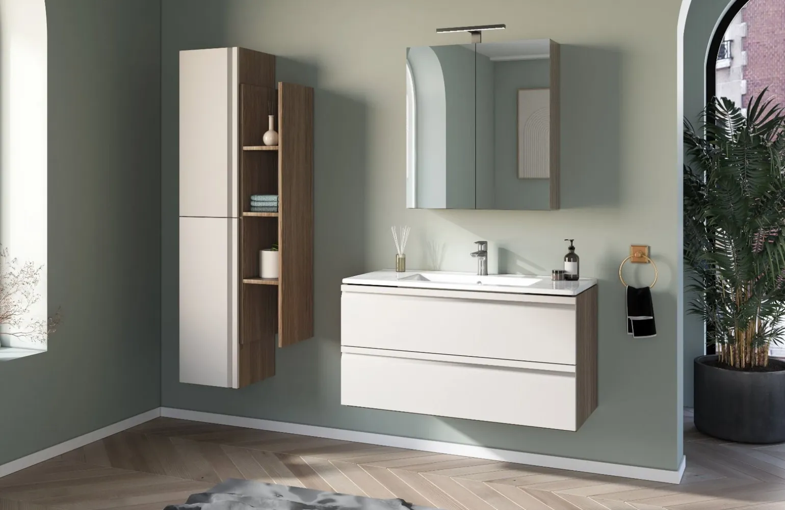 Gaia mobile bagno 100 cm con lavabo, librerie a giorno, colonna e specchiera LED