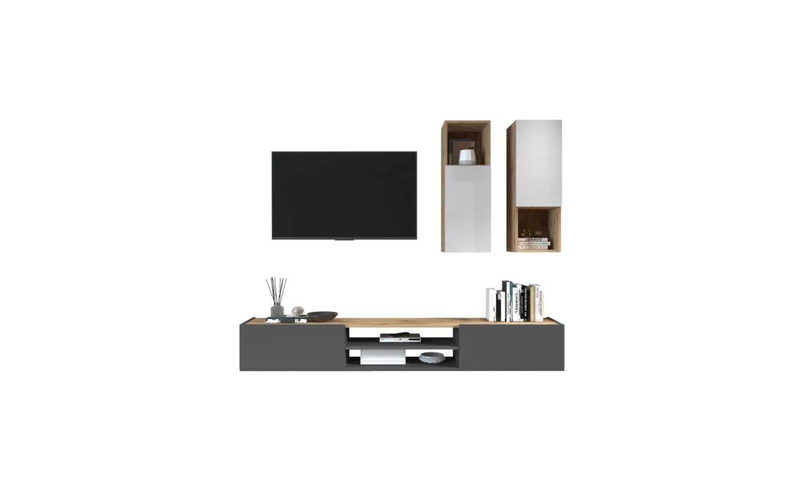 Garda parete soggiorno 2 pensili vetro rovere wotan/antracite/bianco laccato L210 cm