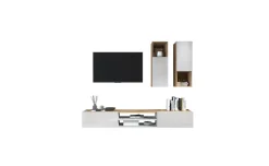 Garda parete soggiorno 2 pensili vetro rovere wotan/bianco laccato L210 cm