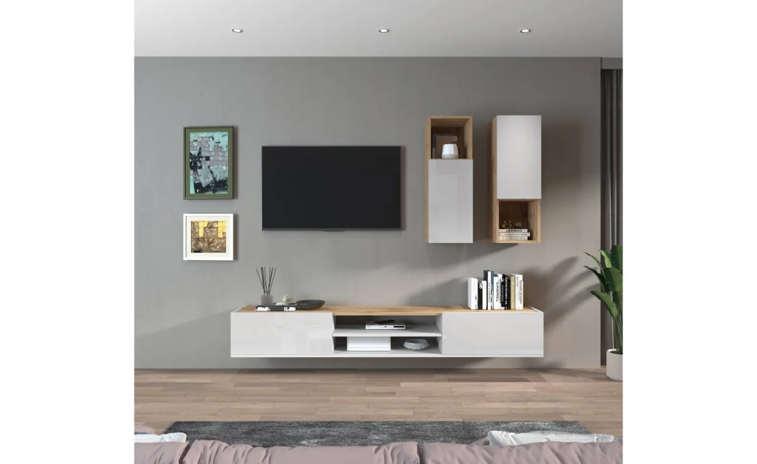 Garda parete soggiorno 2 pensili vetro rovere wotan/bianco laccato L210 cm