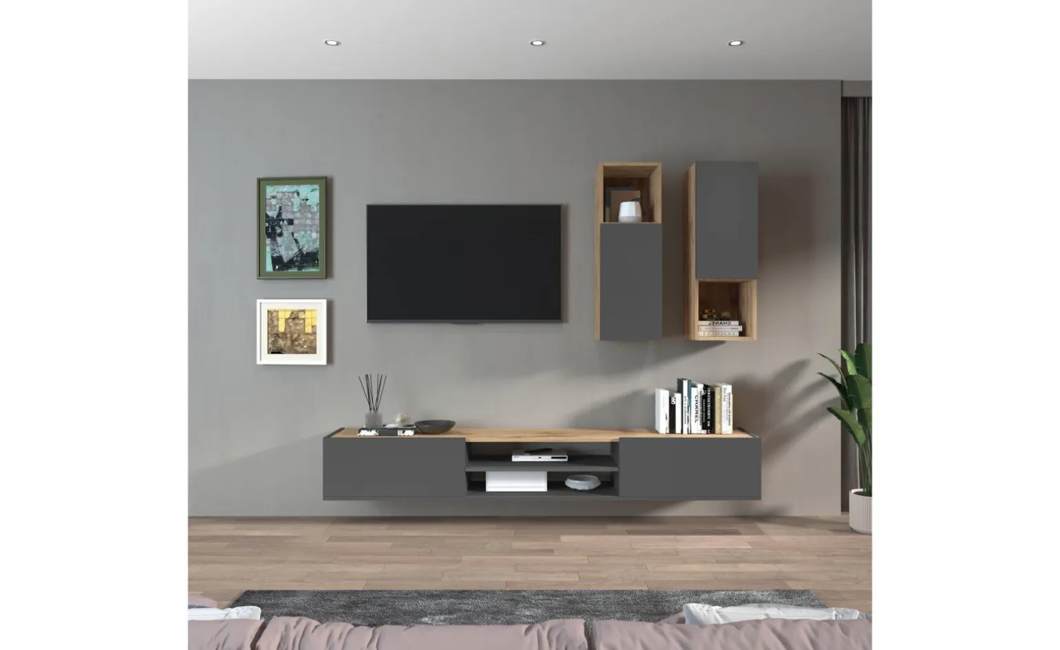 Garda parete soggiorno 2 pensili vetro rovere wotan/antracite L210 cm