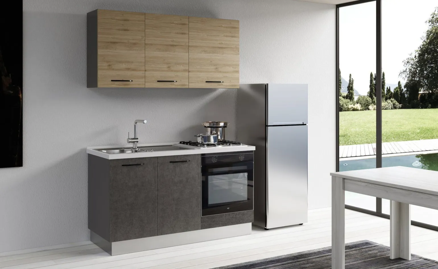 Gilda cucina 150 cm colore cemento scuro e rovere cadiz