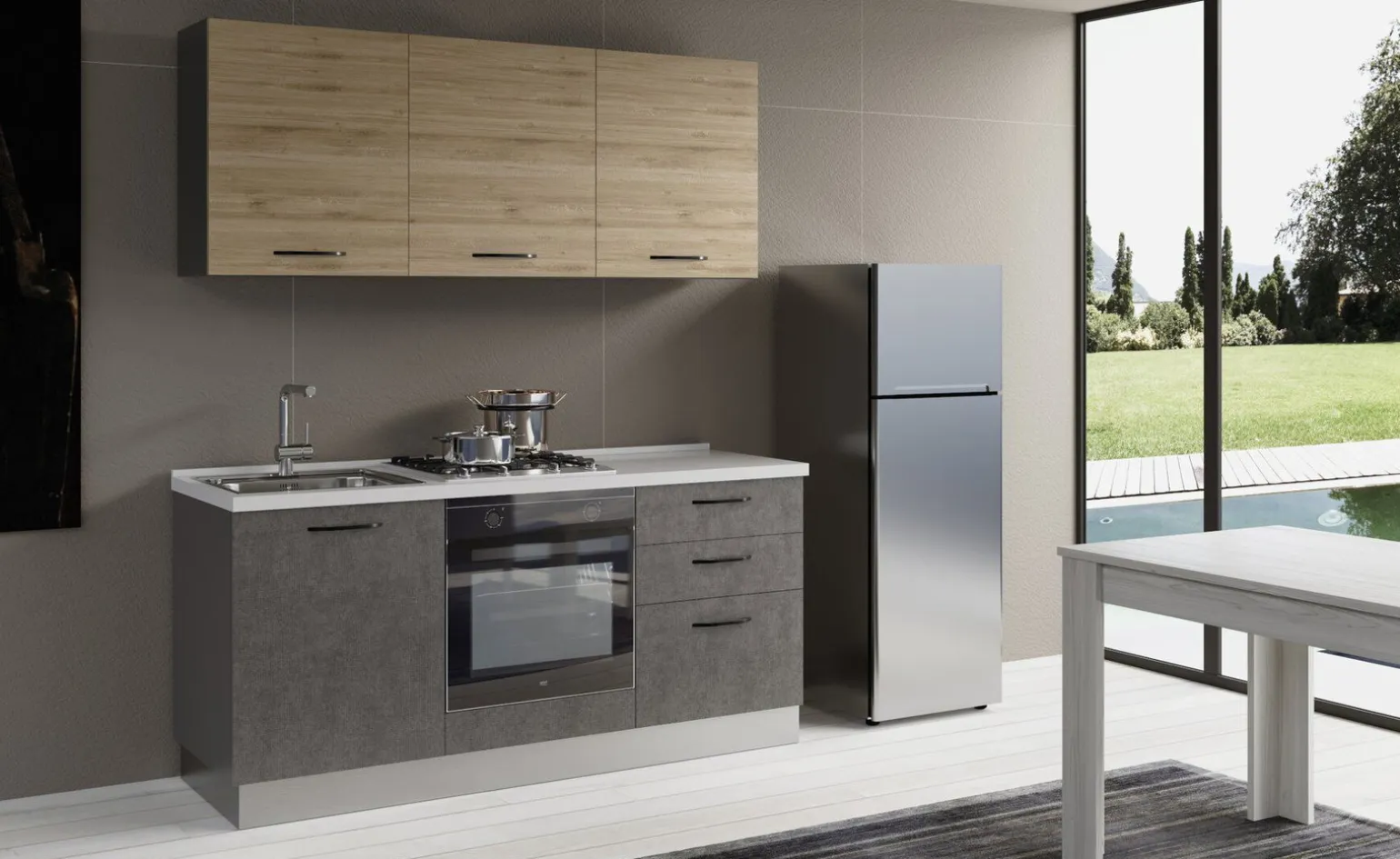 Gilda cucina 180 cm colore cemento scuro e rovere cadiz