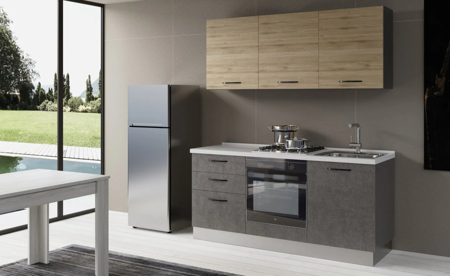Gilda cucina 180 cm colore cemento scuro e rovere cadiz