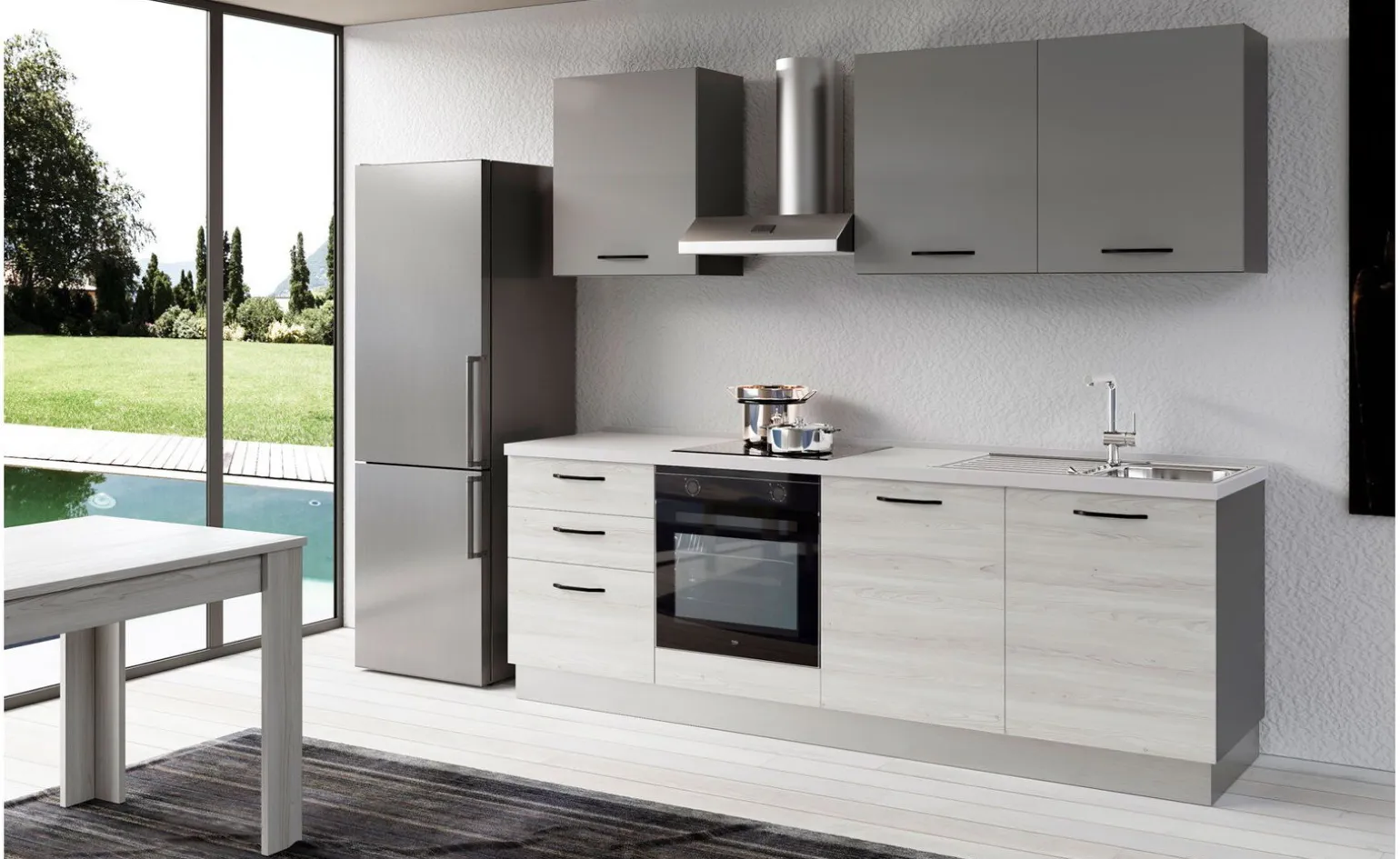 Gilda 2.0 cucina 300 cm colore frassino ghiaccio e light grey